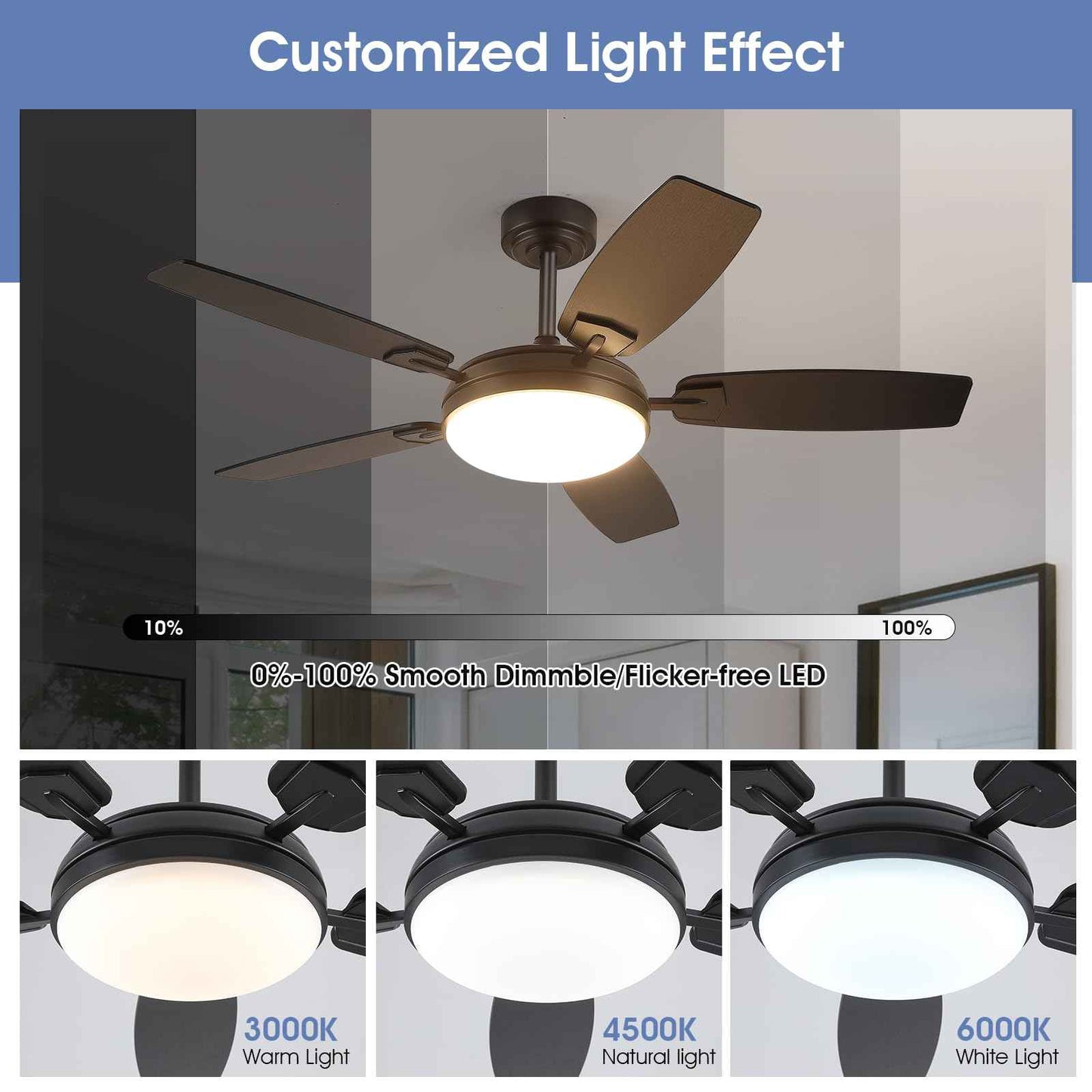 MADSHNE 52 Inch Black Outdoor Ceiling Fan with Light and Remote, Modern LED Ceiling Fan for Bedroom & Kitchen with Dimmable 3 Color,Reversible 6 Speeds