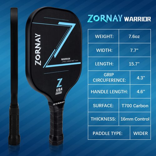 Zornay Carbon Pickleball Paddle, 16mm Professional Power Control Lightweight Raw Carbon Fiber Pickle Ball Paddle, Elongated Wider T700 Pickleball Racket Gift, USAPA Approved
