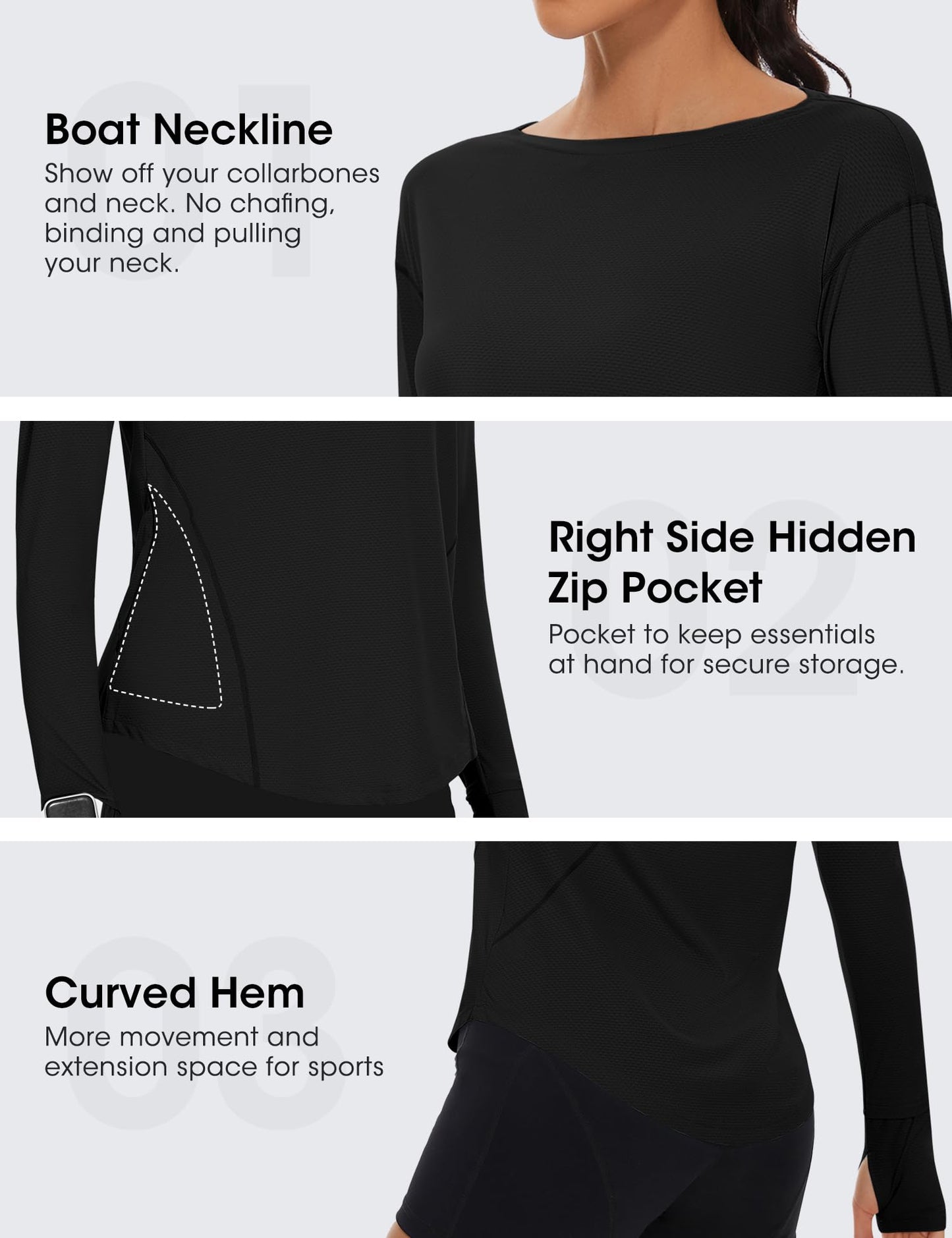Loovoo Long Sleeve Running Tops for Women UPF 50+ Sun Shirts with Pocket Quick Fit Workout Shirt Boat Neck Yoga Tops Activewear Black Large