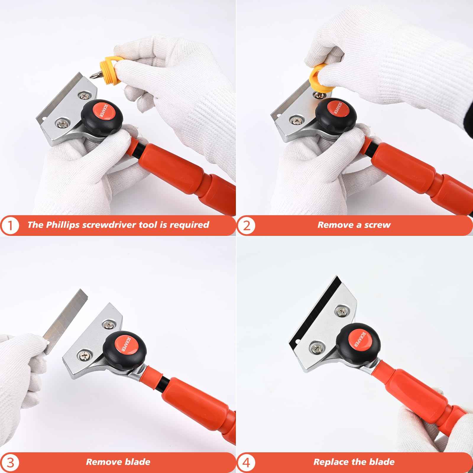 EHDIS Retractable Razor Blade Scraper Long Handle Heavy Duty Floor Scraper with Rotatable Head and 10pcs Replace Blades for Cleaning Glass, Tile, Floor, Wall,Door