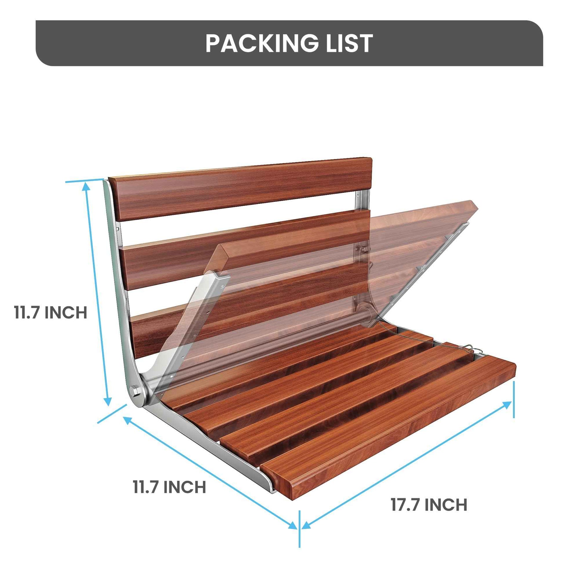 Kfpmx Folding Shower Seat Wall Mounted Teak Bench – Fold Down Bath Safety Seat with 304 Stainless Steel Frame, ADA Compliant Shower Chair for Elderly, Seniors, Disabled, 500 lb Capacity, 17.7" x 12.5"