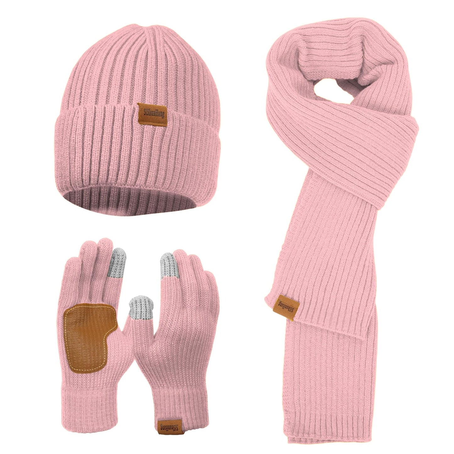 Winter Knit Beanie Hat Scarf Gloves Cold Weather Set, Warm Knit Beanie Long Scarf Touchscreen Gloves,Winter Gifts for Women (Pink, One Size)