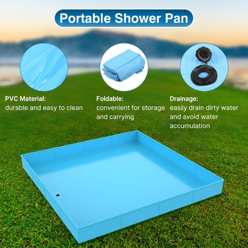 ANTEQI Portable Shower Pan, Foldable Camping Shower Base with Detachable Drain Pipe, 40" x 40" x 4" Outdoor Shower Floor for Beach, RV, Indoor Shower Stall