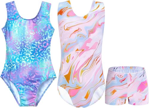 Domusgo Girls Gymnastics Leotards Bundle - Green Leopard & Pink Tie Dye | Size 6-7 Years