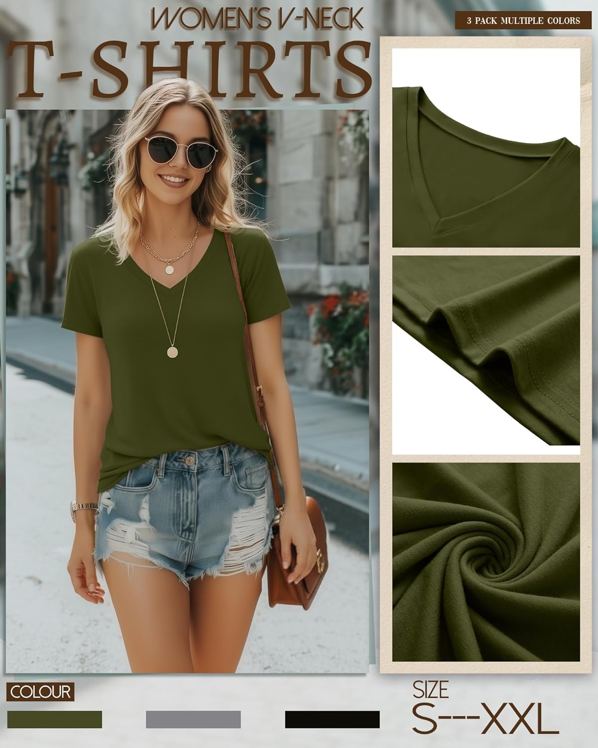 Riyiper Women's V-Neck T-Shirts - 3 Pack Casual Short Sleeve Tops | Trendy Loose Fit Tees
