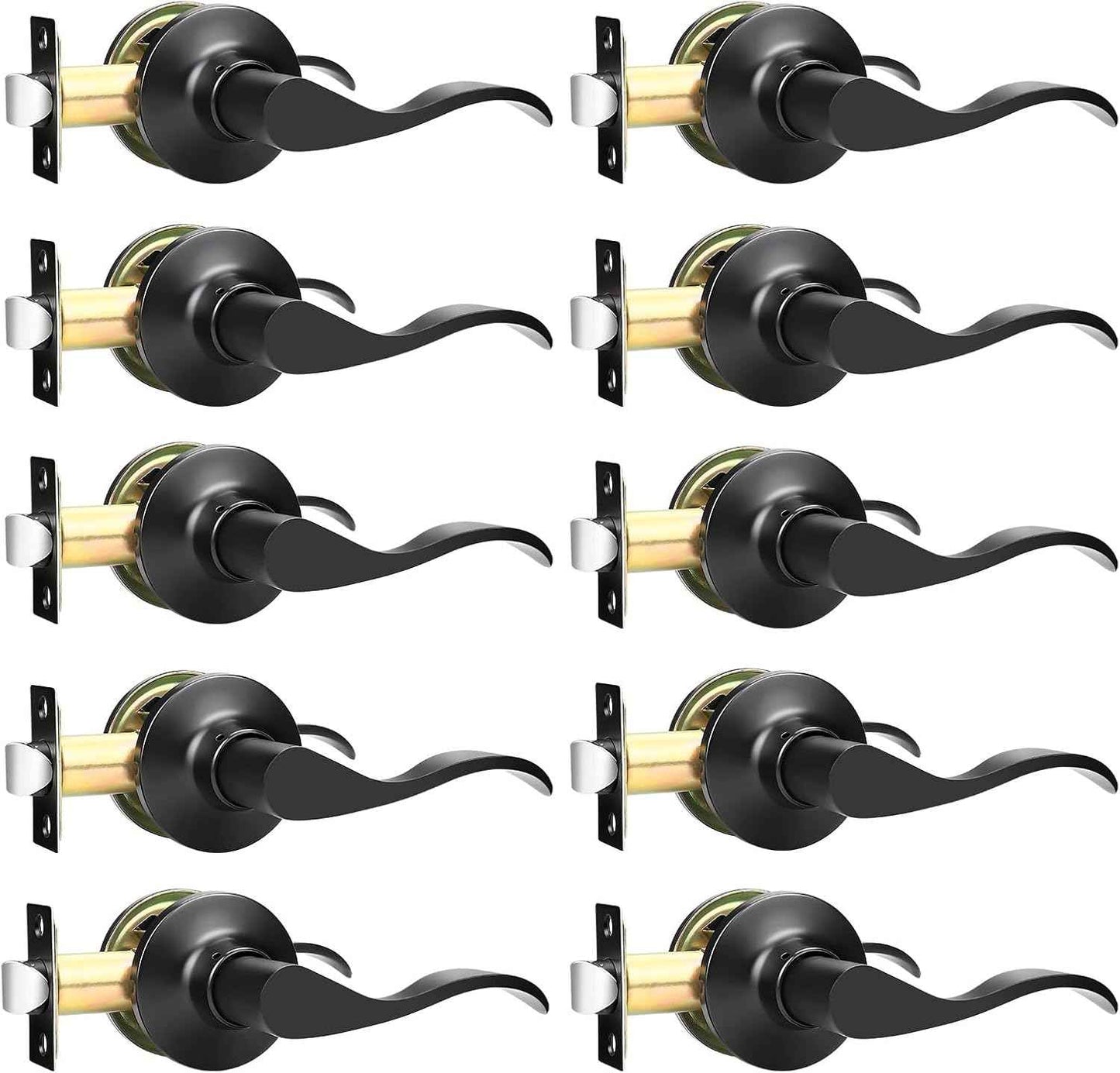 Black Privacy Door Levers - 6 Pack Keyless Modern Wave Handles for Bedrooms