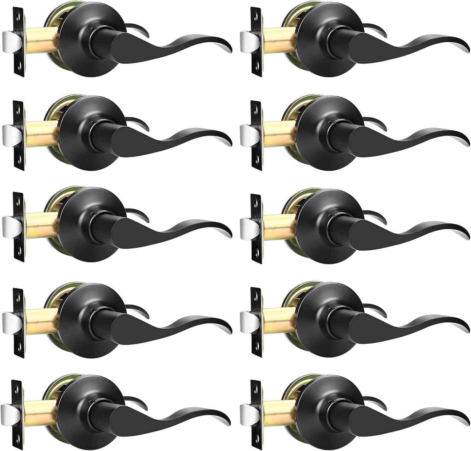 Black Privacy Door Levers - 6 Pack Keyless Modern Wave Handles for Bedrooms