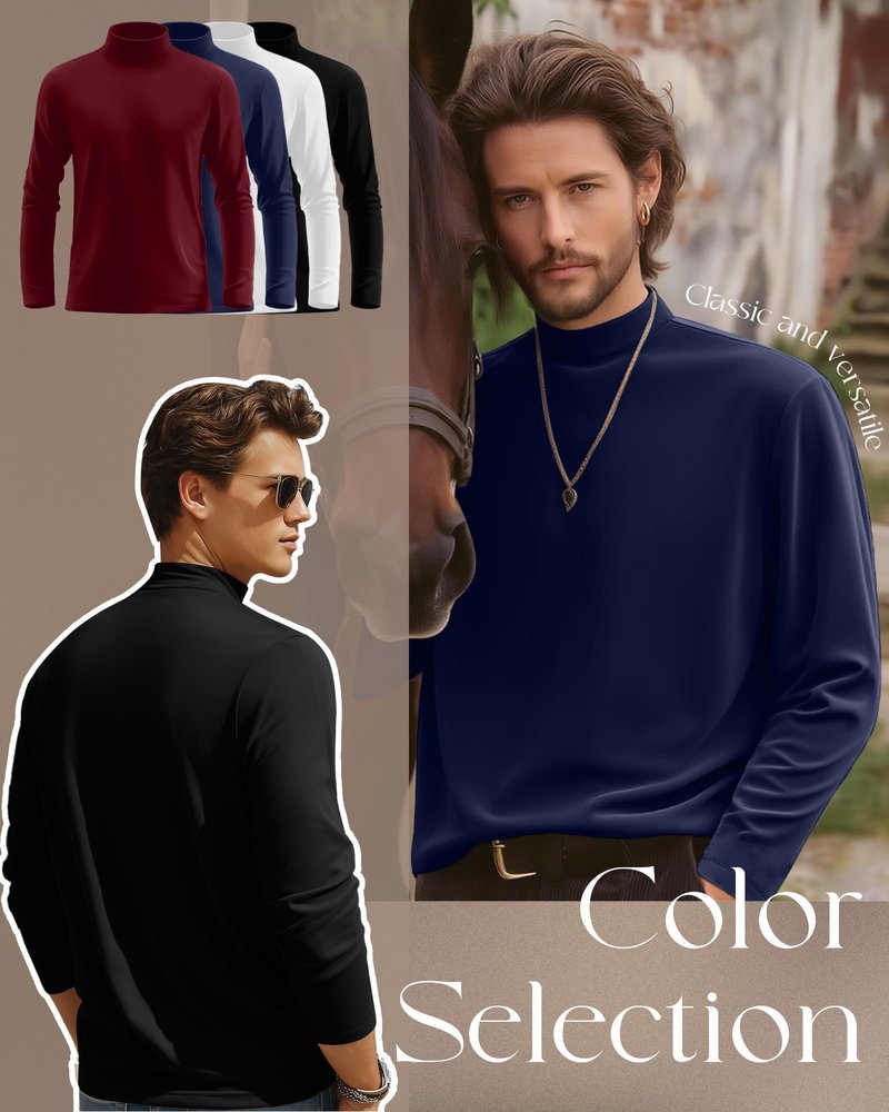Velvelhall 4 Pack Men's Mock Turtleneck Shirts, Long Sleeves Thermal Pullover Sweater Casual Undershirt Loose Fit Tops(Black, Burgundy, Navy Blue, White,Large)