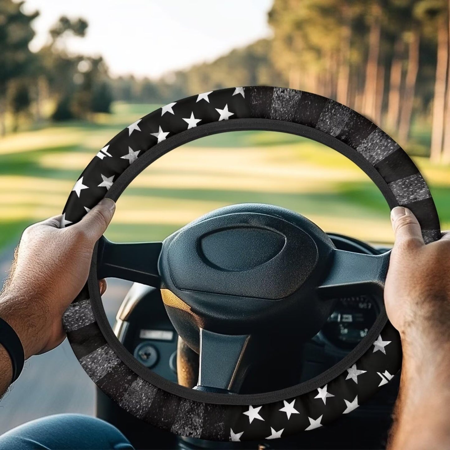 SUITOSELFY Grey and Black Stars and Stripes Golf Cart Steering Wheel Covers 13 inch Patriotic Golf Cart Accessories Decor Stretchy Anti-Slip Golf Cart Steering Wheel Cover Protector