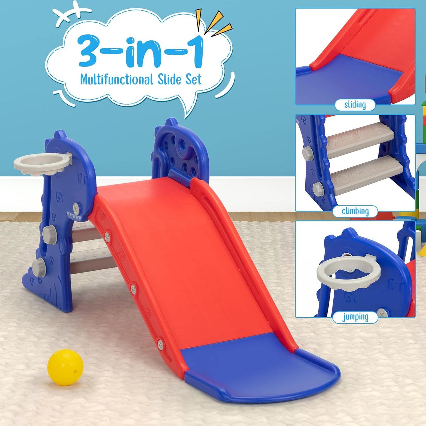Nyeekoy Toddler Slide - 3 in 1 Kids Climber Playset with Basketball Hoop | Indoor/Outdoor Fun