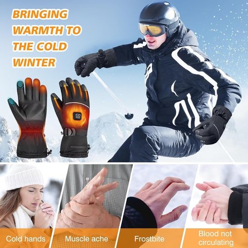 Heated Gloves for Men - Rechargeable Electric Battery Heated Gloves for Men and Women Touchscreen Winter Thermal Glove with 3 Heating Levels Waterproof Glove for Hunting (Black, XL)