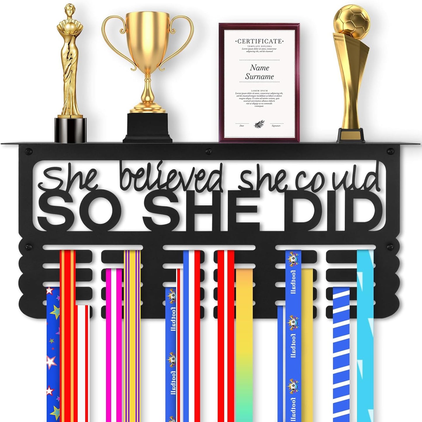 Medal Hanger Display with Trophy Shelf, Upgraded Sports Medal Holder Trophy Display Shelf Ribbon Holder Simple Wall Hanger (SHE BELIEVED SHE COULD SO SHE DID)