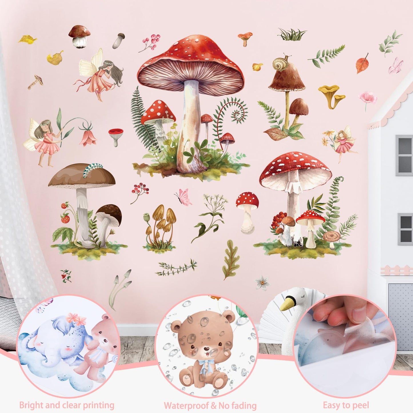Wxiben Fairy Wall Stickers Decor - Mushroom Wall Decals Flower Wall Sticker Removable Floral Wall Murals Peel and Stick for Girls Kids Bedroom Nursery Playroom Bathroom Living Room Wall Decor