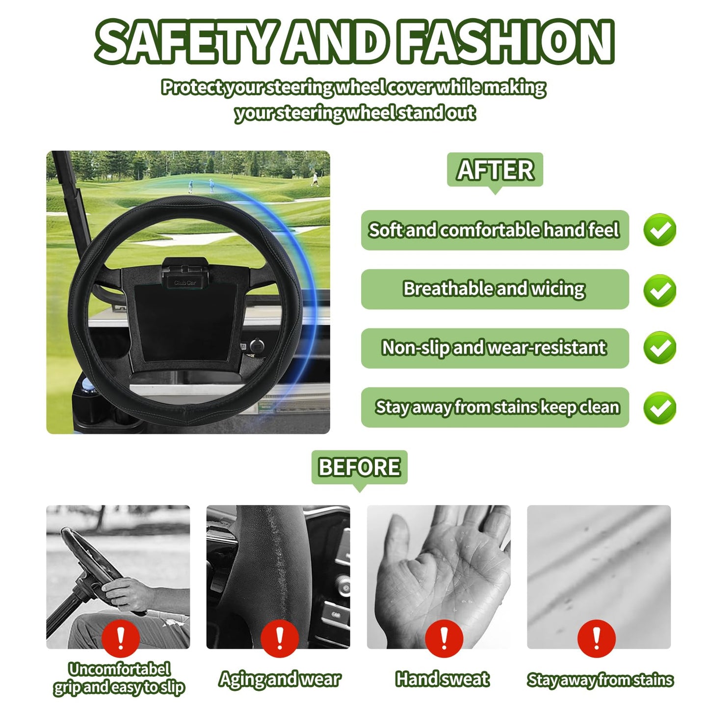 MLVOVL Golf Cart Steering Wheel Covers,13.5 to 14" Golf Cart Steering Wheel Cover Universal for Yamaha,EZGO TXT & RXV,Club Car DS & Precedent, Leather Comfortable, Non-Slip, Wear-Resistant (Black)
