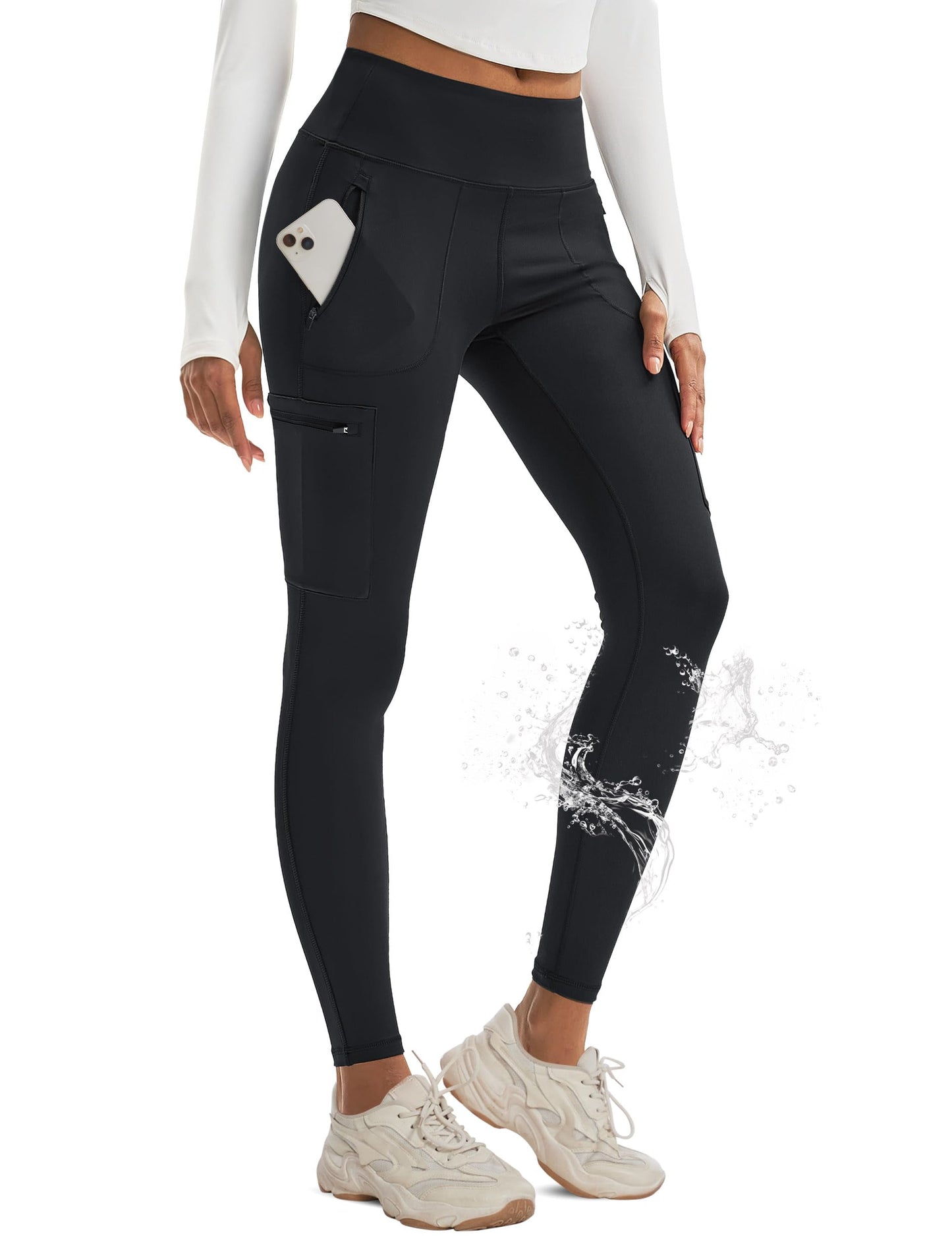 MAGCOMSEN Hiking Leggings Women Waterproof High Waist Cargo Pants with Pockets Outdoor Moisture Wicking Pants Black L