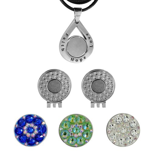 GOLTERS Golf Crystal Ball Marker Charm Necklace Pendant Hat Clip Gradient Color Gift Box Great Gift For Women Golfer (White/Dark Blue/Green necklace)