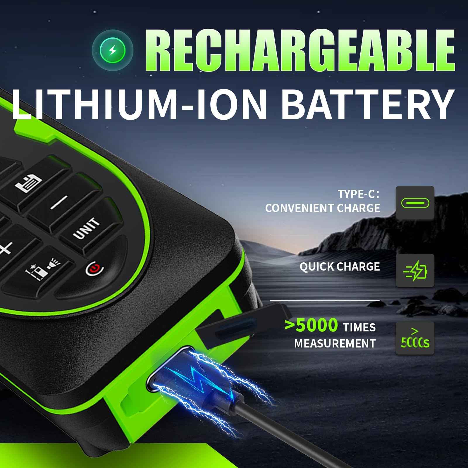 Green Laser Distance Meter 196ft – USB Rechargeable Digital Laser Measure with Angle Sensor, Backlit LCD, Area/Volume/Pythagorean, ±3mm Accuracy, Electronic Measuring Tool for Construction & DIY