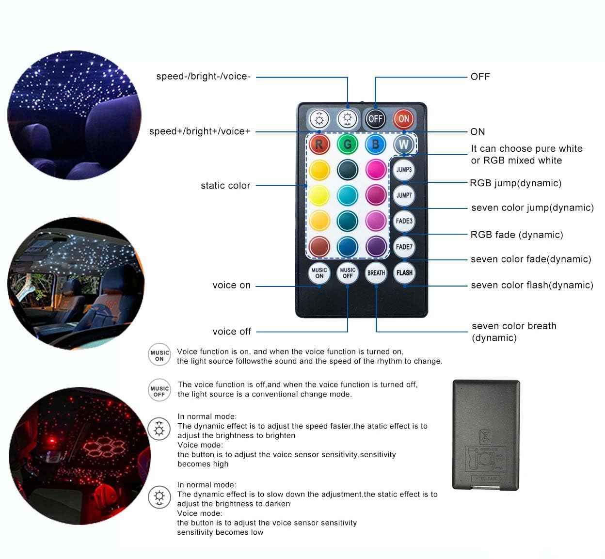 AZIMOM Car Use Bluetooth 6W RGBW LED Fiber Optic Lights Star Ceiling Light Kit APP Remote Controller 450pcs 0.03in 6.5ft Optic Cable Music Mode Sensory Lighting Indoor Home Interior Decoration