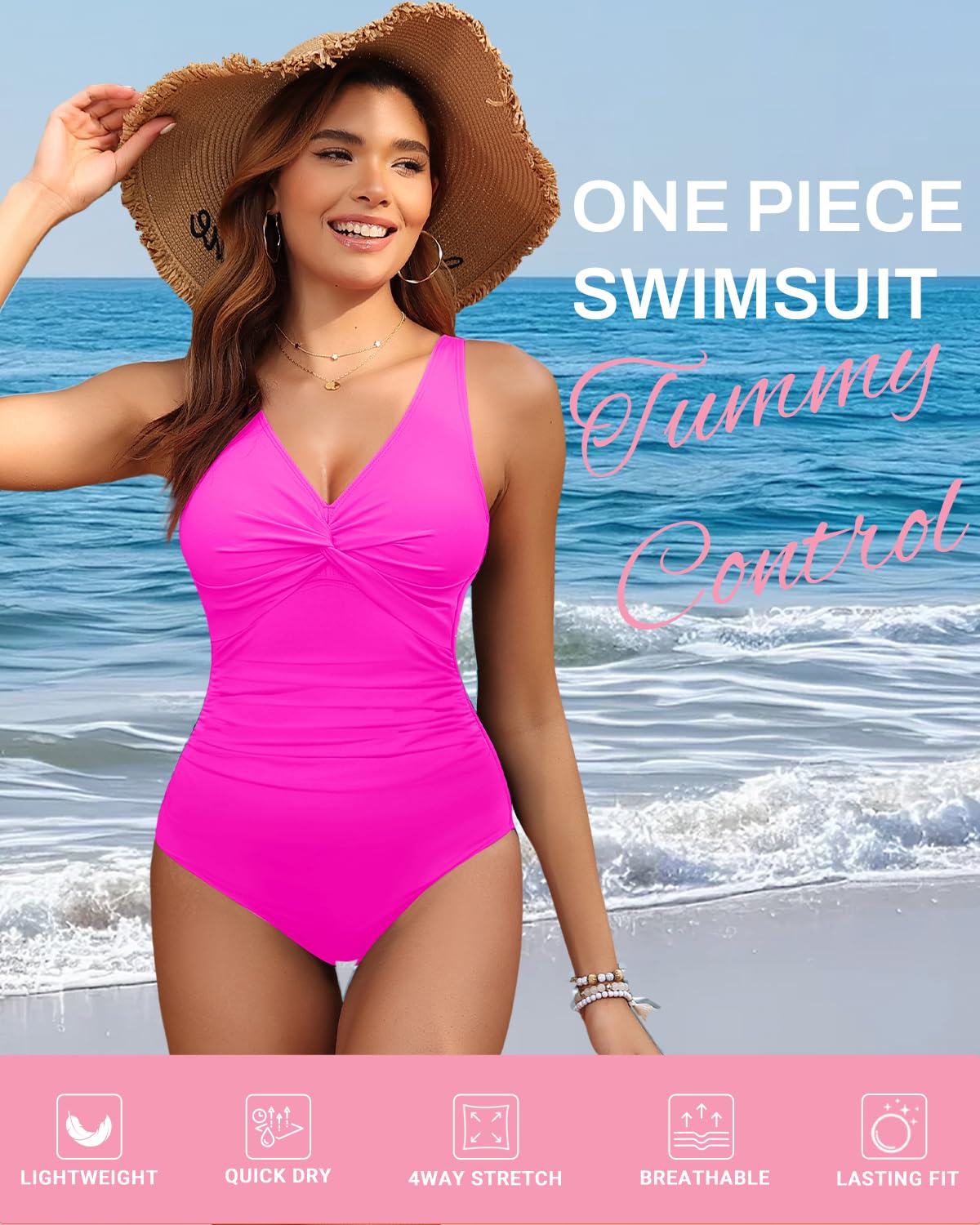 Holipick Hot Pink Plus Size Women Tummy Control One Piece Swimsuit - Push Up Bathing Suit Full Coverage Slimming Swimwear 22 Plus (US 22W)