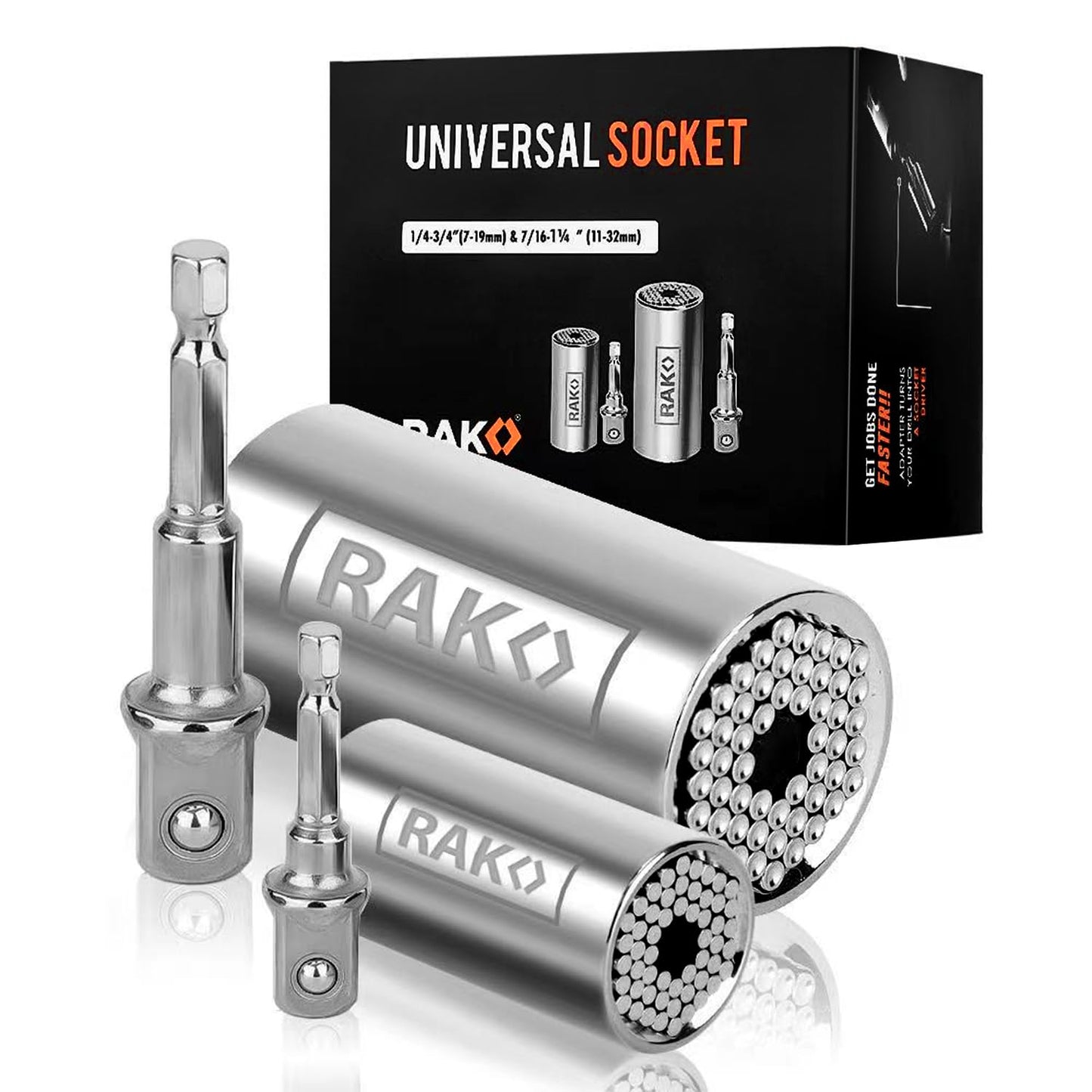 RAK Super Universal Socket Set (11-32mm 7-19mm) Universal Socket Wrench Set, Stocking Stuffer Gator Grip with Power Drill Adapter Set, Ideal Cool Gadgets Stuff Gifts for Men Dad Husband 4PCS