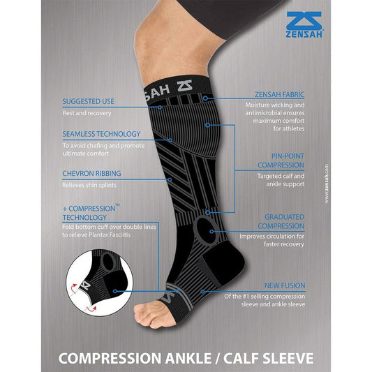 Zensah Ankle/Calf Compression Sleeves- Toeless Socks for Circulation, Swelling for Men and Women (M, Black)