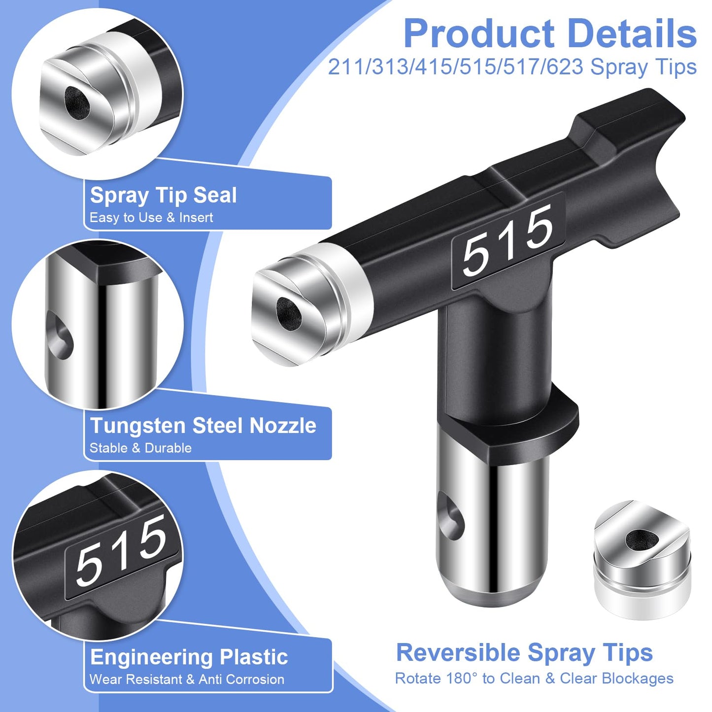 Gyfent Spray Tips, 6Pcs Airless Paint Sprayer Tips Reversible Spray Tips for Airless Paint Sprayer Machine Spray Paint Nozzles for Airless Paint Spray Guns House Painting DIY (211 313 415 515 517 623)