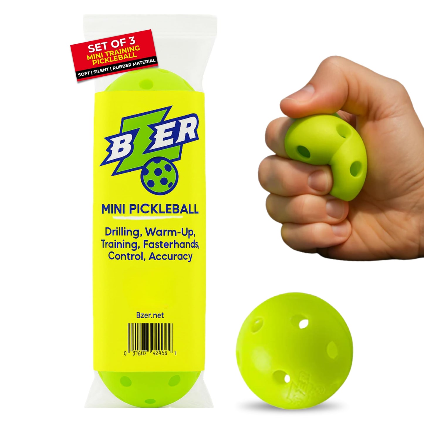 BZER Quiet Pickleball Balls – Mini Pickleballs Silent Rubber Training Ball - Set of 3 for Indoor Outdoor Play, Soft Tiny Practice Trainer, Improve Focus, Boost Control, Training Essentials