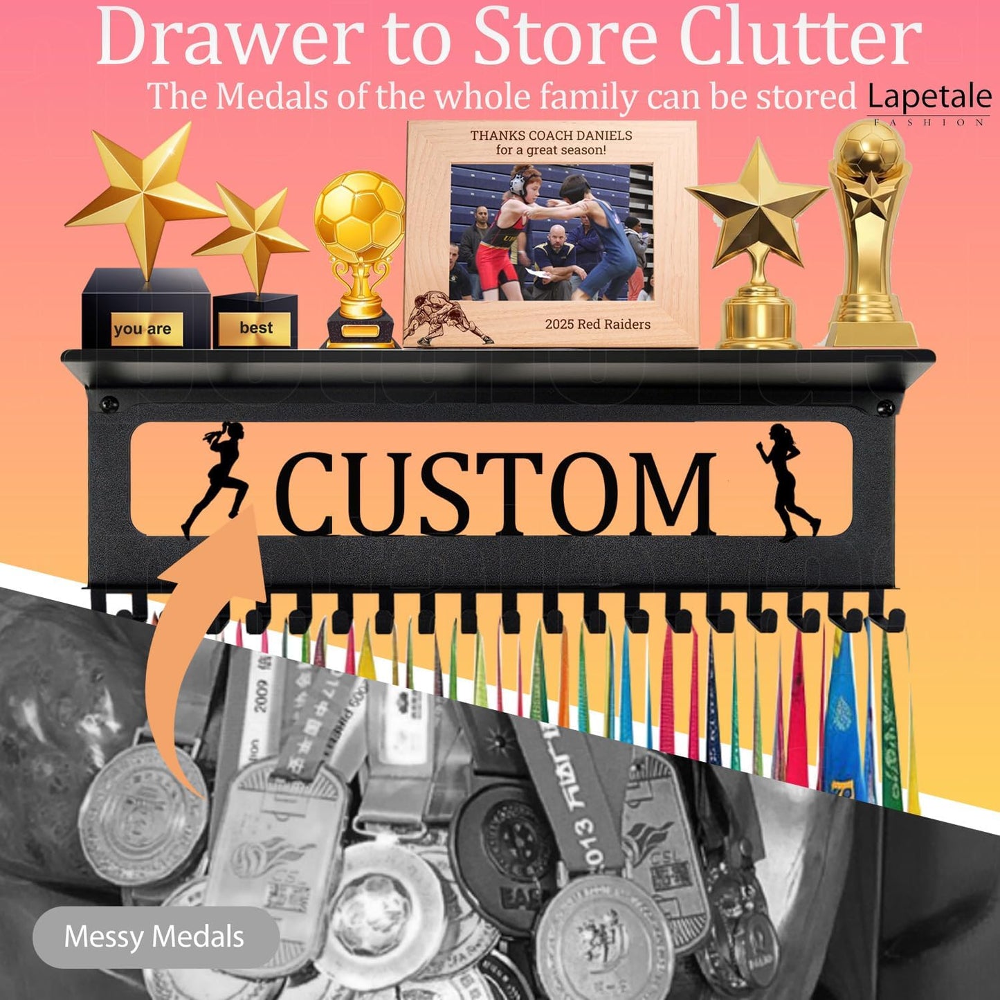 Non-Slip Trophy Shelf,Trophy and Medal Display Shelf, Medal Hanger Display For Wall with 16inchL,Shelves For Trophies medal display Upgraded Medal Holder display For gymanstics,race,soccer,swim