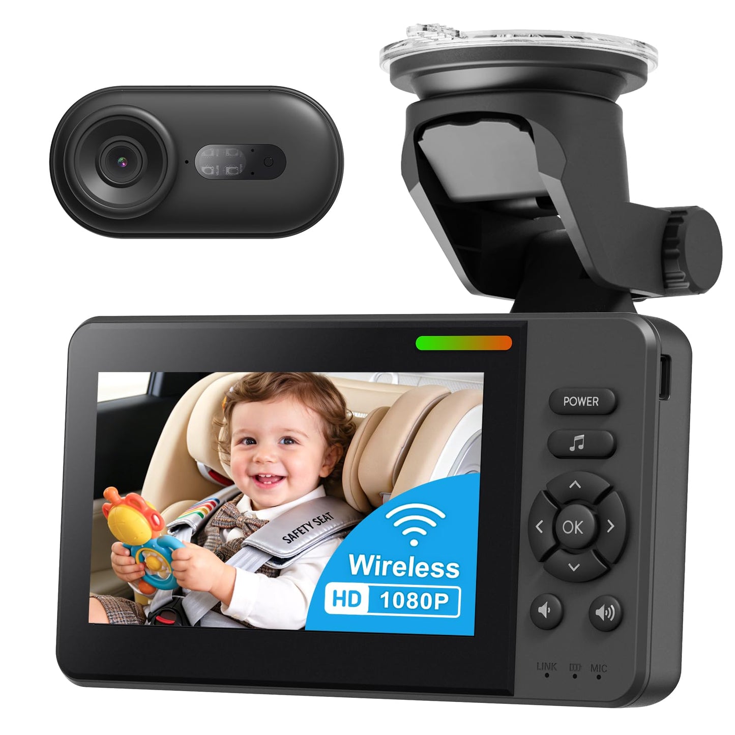 Wireless Baby Car Camera Monitor – 4.3" Display + 360° Rotating Cam for Rear-Facing Seats, No Wi-Fi Needed,1080P HD with Auto IR Night Vision, USB & Battery Powered,Easy-Install