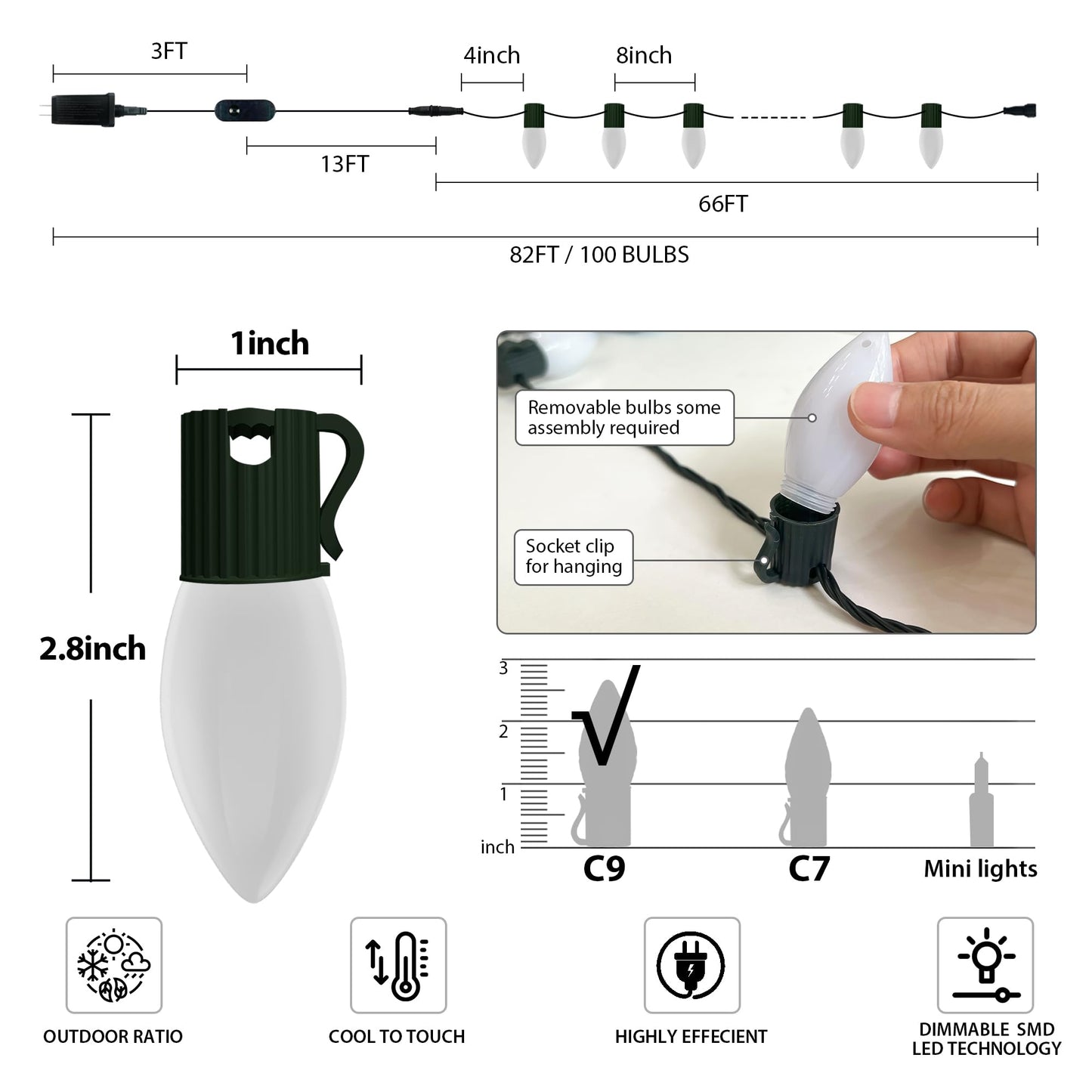 Probro Smart C9 RGB Christmas Lights, 66 FT 100 LEDs with APP, Music Sync, 105 Dynamic Modes, Waterproof Connectable String Lights for Outdoor Roofline, Xmas Tree, Holiday Party, Commercial Decor