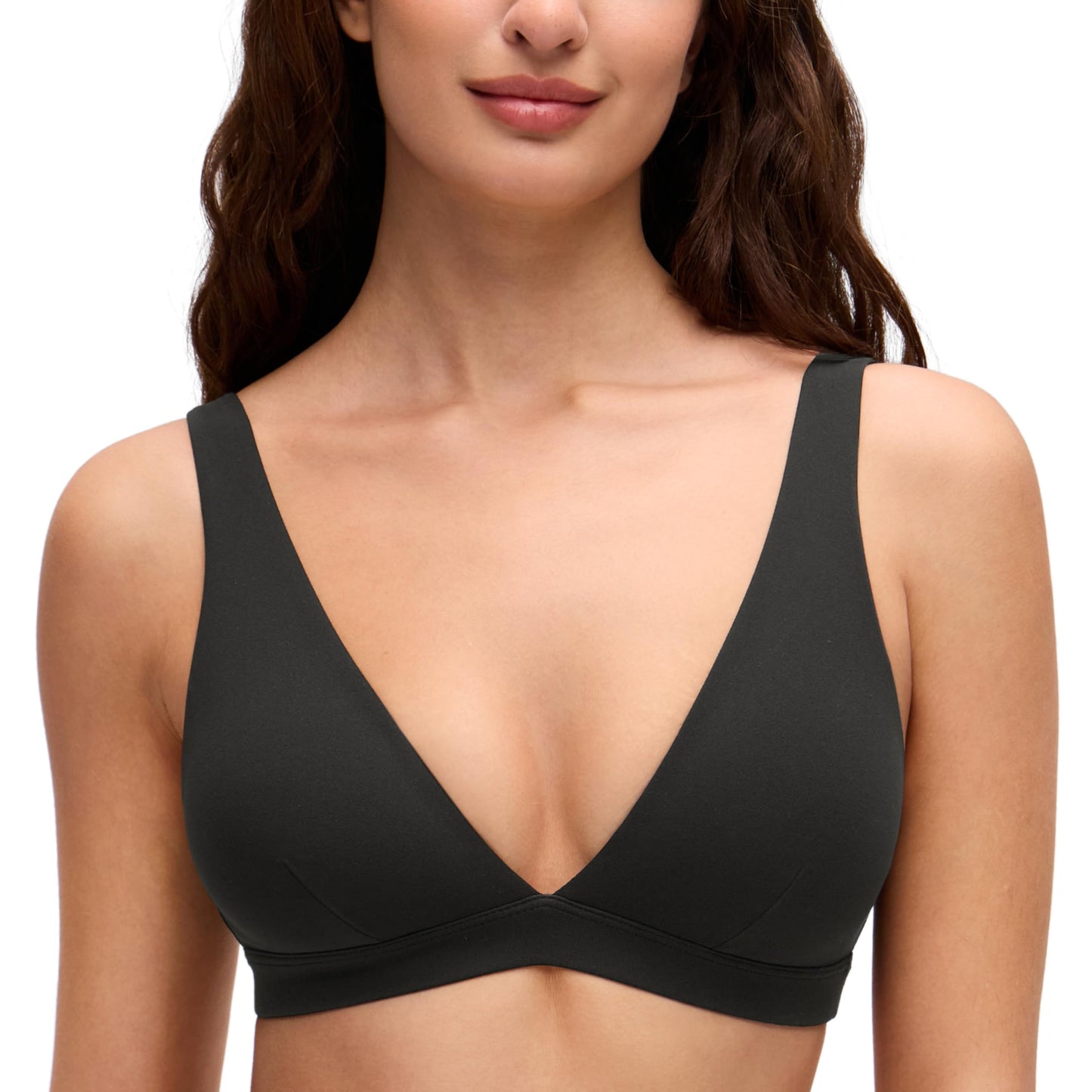 CRZ YOGA Butterluxe Soft Double Lined Deep V Neck Sports Bras for Women - Open Back Yoga Crop Top Casual Non Padded Black Medium