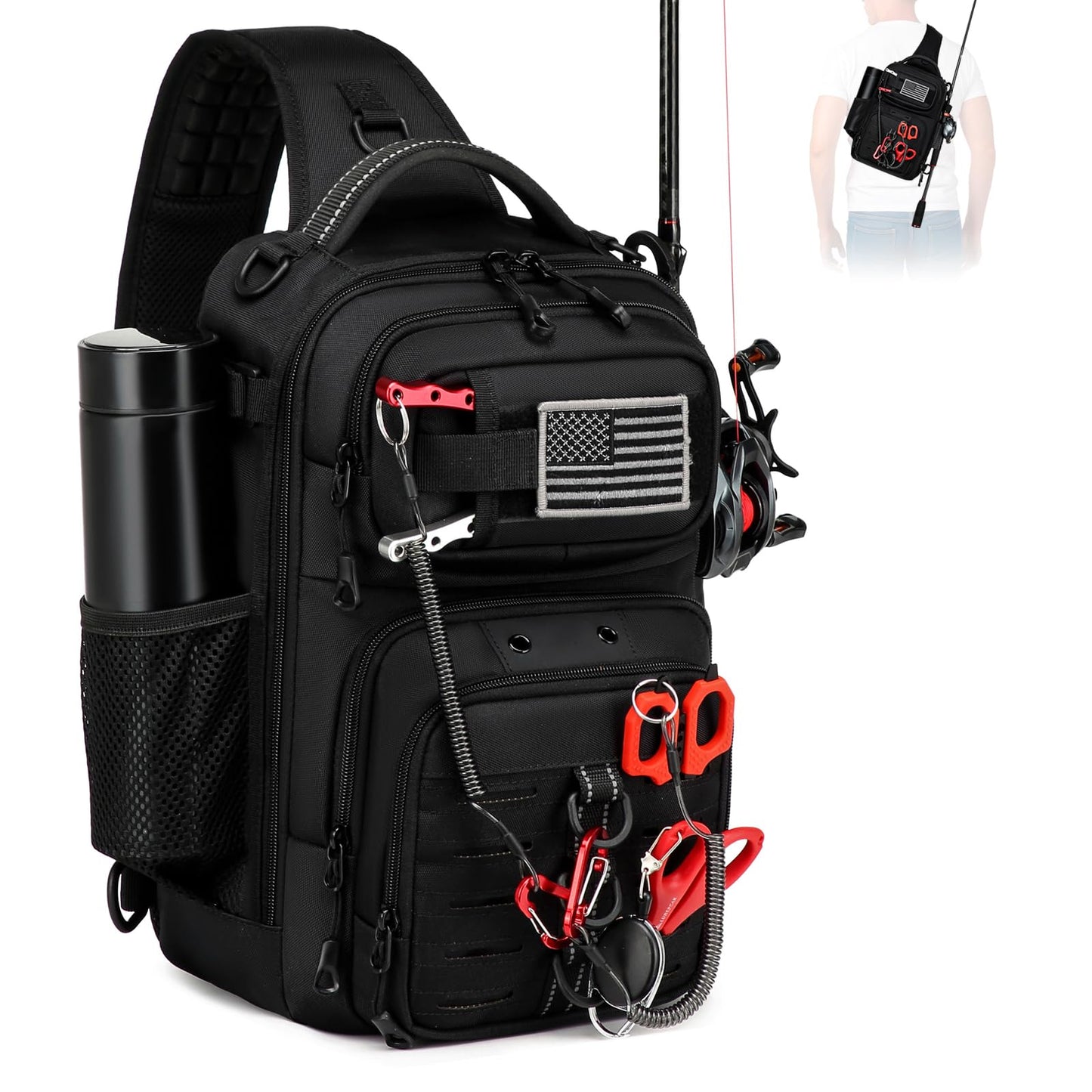 oinitiry Fishing Sling Bag, Fishing Bag With Rod Holder Fixed Stickers, MOLLE System, Soft Bait & Gear Storage, Gift for Men Black