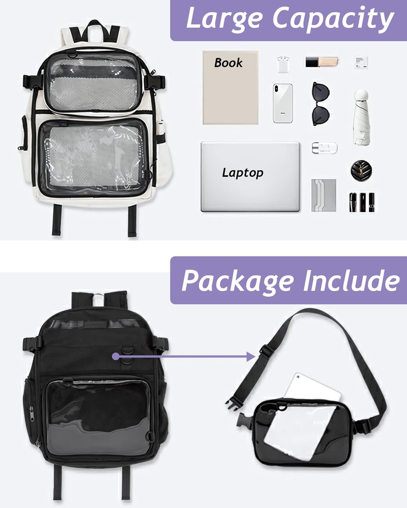 VOUSXLLEZ Ita Bag Backpack Double Window Pins Bag with insert, Backpack for Cosplay and Concert(Pins NOT Included) (Black)
