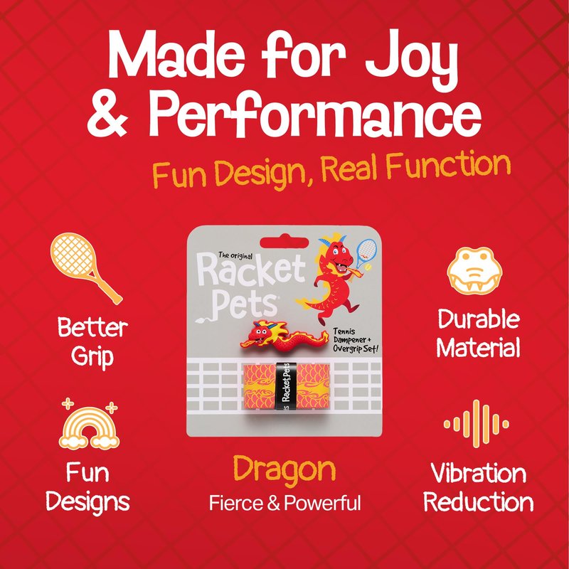 Racket Pets Kids Tennis Racket Dampener & Matching Overgrip Tape, Performance Shock Absorbing Dampener for Tennis Racket & Fun Animal Print Tennis Wrap Grip Tape (Dragon)