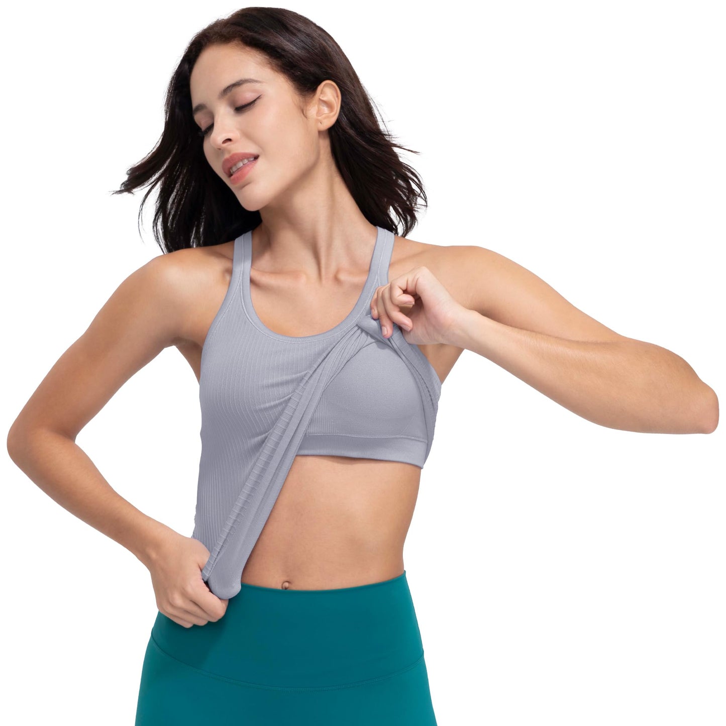 Excwudy Seamless Ribbed Workout Racerback Tank Tops with Built in Bra for Women Grey-Purple L