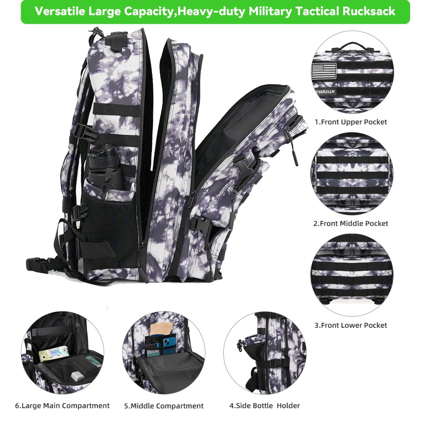 SEYATULLH Military Tactical Backpack 55L for Men & Women Bug Out Bag Assault pack Molle Daypack Hiking Trekking Rucksack (Black and white tie dye)