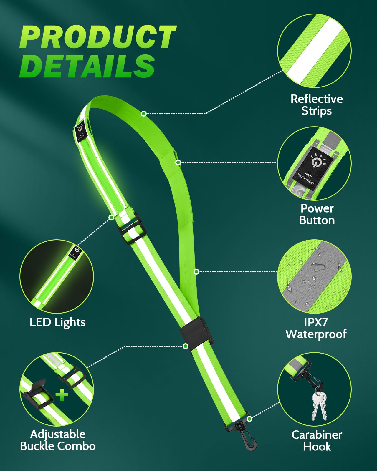 Fitense LED Reflective Belt Sash - 5 Lights Colors & 3 Light Modes High Visibility Night Safety Belt, Rechargeable Light Up Running Gear Adjustable Vest Straps for Runners Walkers Men Women