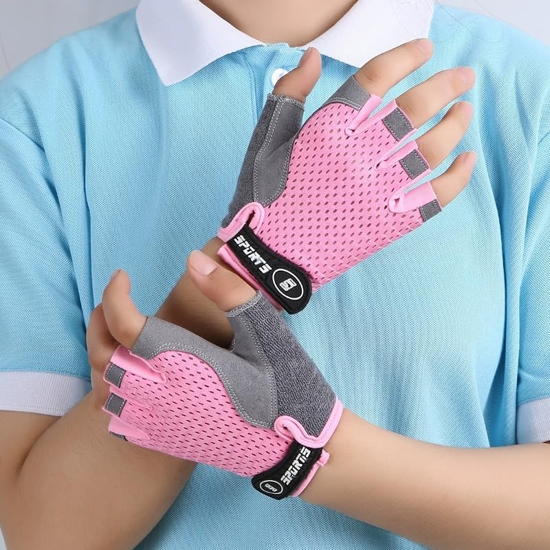 Kids Cycling Gloves - Half Finger Non-Slip Bike Gloves, Pink Medium