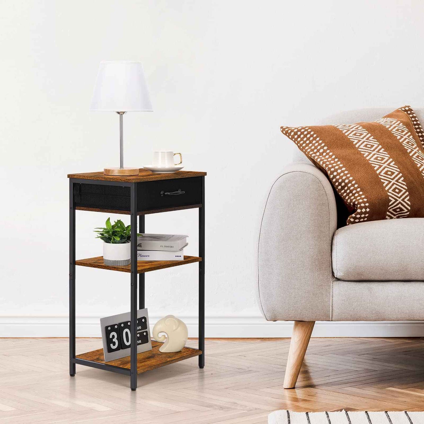 Printer Stand with Storage 3 Tier Home Printer Table with Drawers Multifunctional Under Desk Printer Shelf Holder Industrial End Table Nightstand for Fax Machine Scanner Files Brown