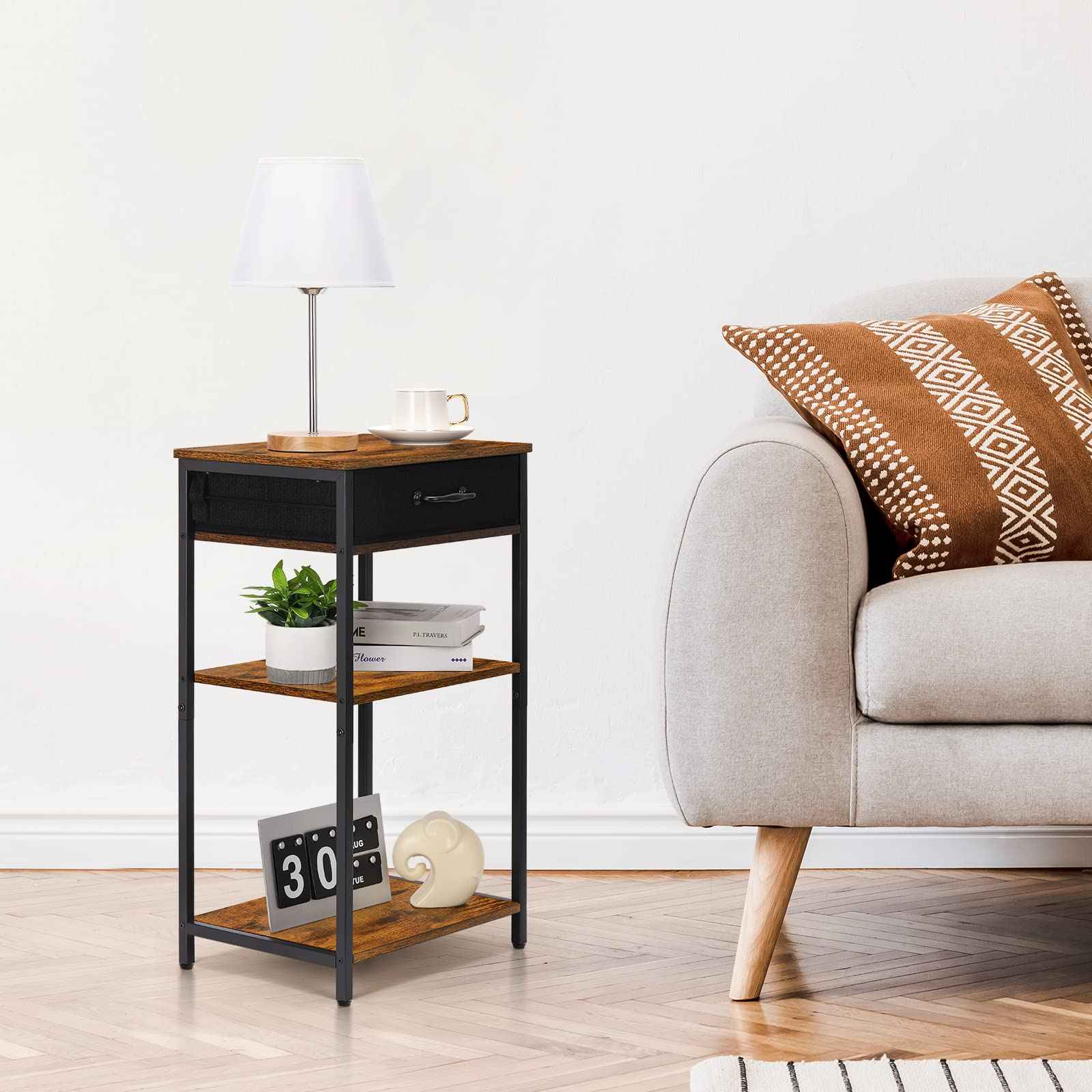 Printer Stand with Storage 3 Tier Home Printer Table with Drawers Multifunctional Under Desk Printer Shelf Holder Industrial End Table Nightstand for Fax Machine Scanner Files Brown