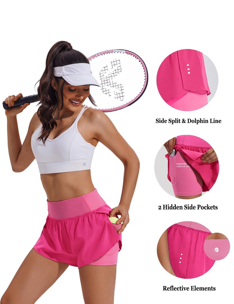 PINSPARK Womens Running Shorts with Liner 2 Hidden Pockets High Rise Athletic Track Shorts for Workout Gym Sports Hot Pink L