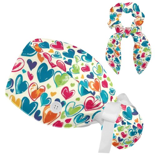 Women’s Working Cap Scrub Hats with Bow Scrunchies, Hearts Love Patterns Bouffant Surgical Cap Ponytail Holder