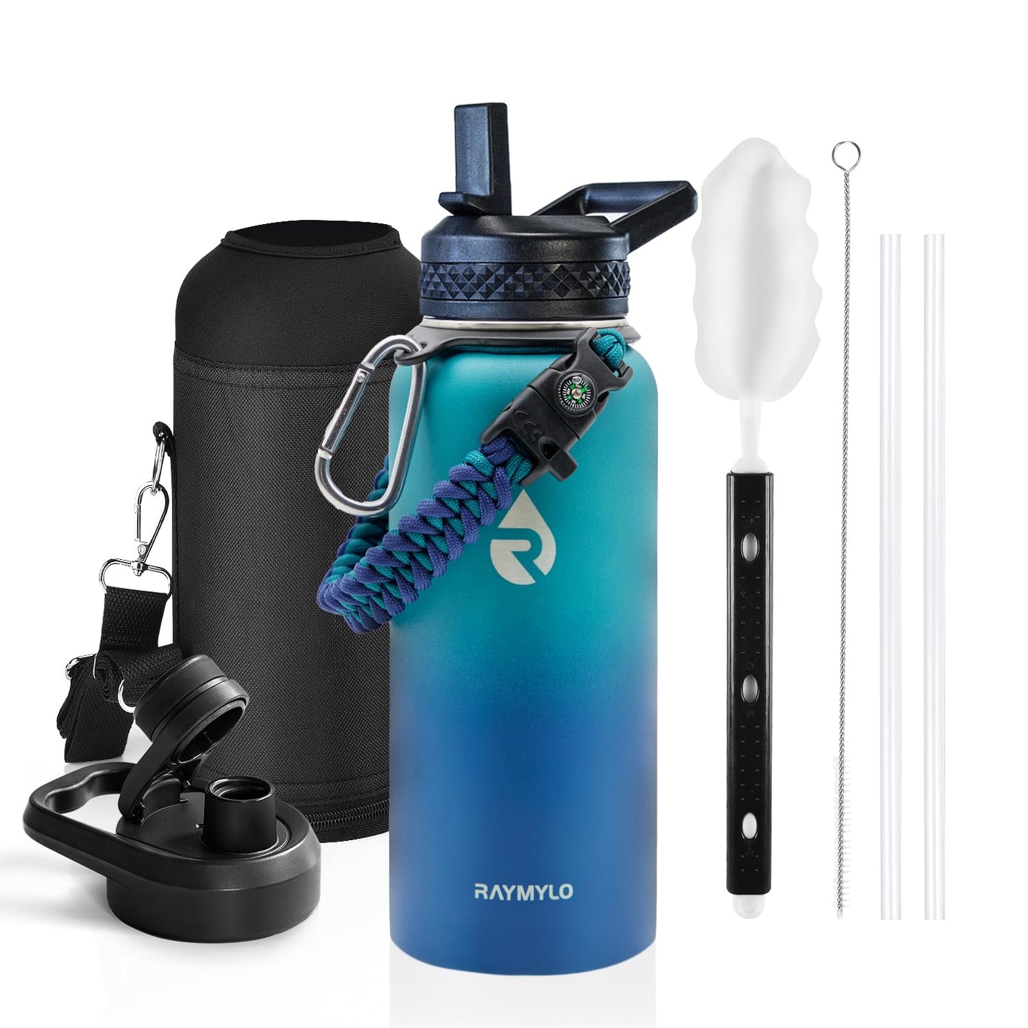 RAYMYLO Insulated Water Bottle 32 oz, Triple Wall Vacuum Stainless Steel (Cold for 24Hrs, Hot for 12Hrs), Leak Proof & Non-BPA, Modern Water Flask Jug with Paracord Handle & Straw Spout Lids