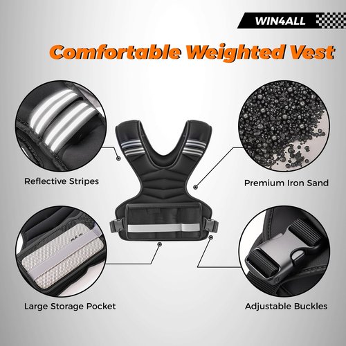 WIN4ALL Weighted Vest Woman Adjustable Weights For Walking, 6-12lb, Weighted Vest Woman with 6 Ironsand Weights, Weight Vest For Women/Men, Weight Vest For Walking, Strength Training, Running, Black