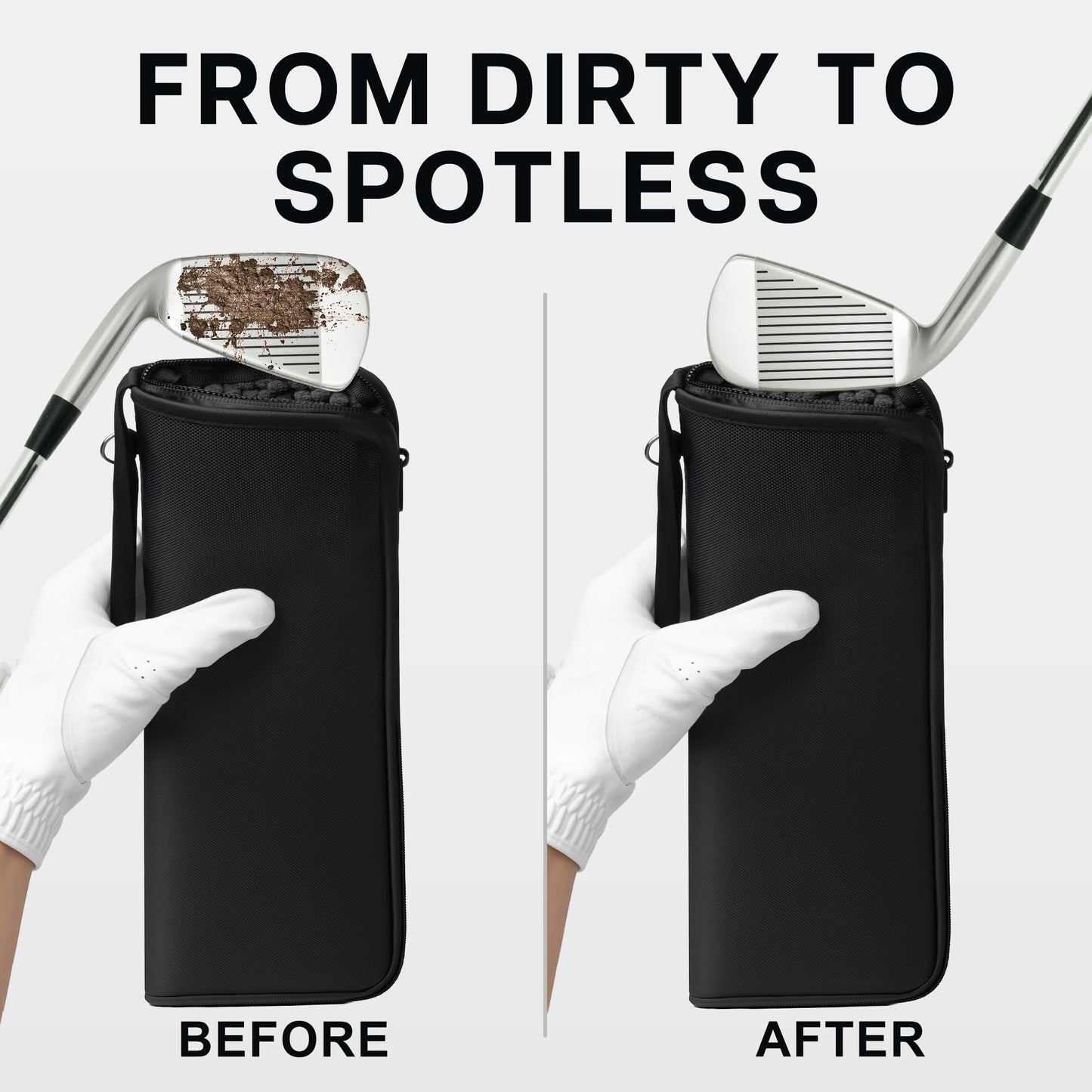 Golf Club and Golf Boll Cleaner Bag, Golf Ball Cleaner Pouch with 1 Pack Golf Ball Towel, Waterproof Outside, Clean Inside – Liner Technology, Machine Washable，Black