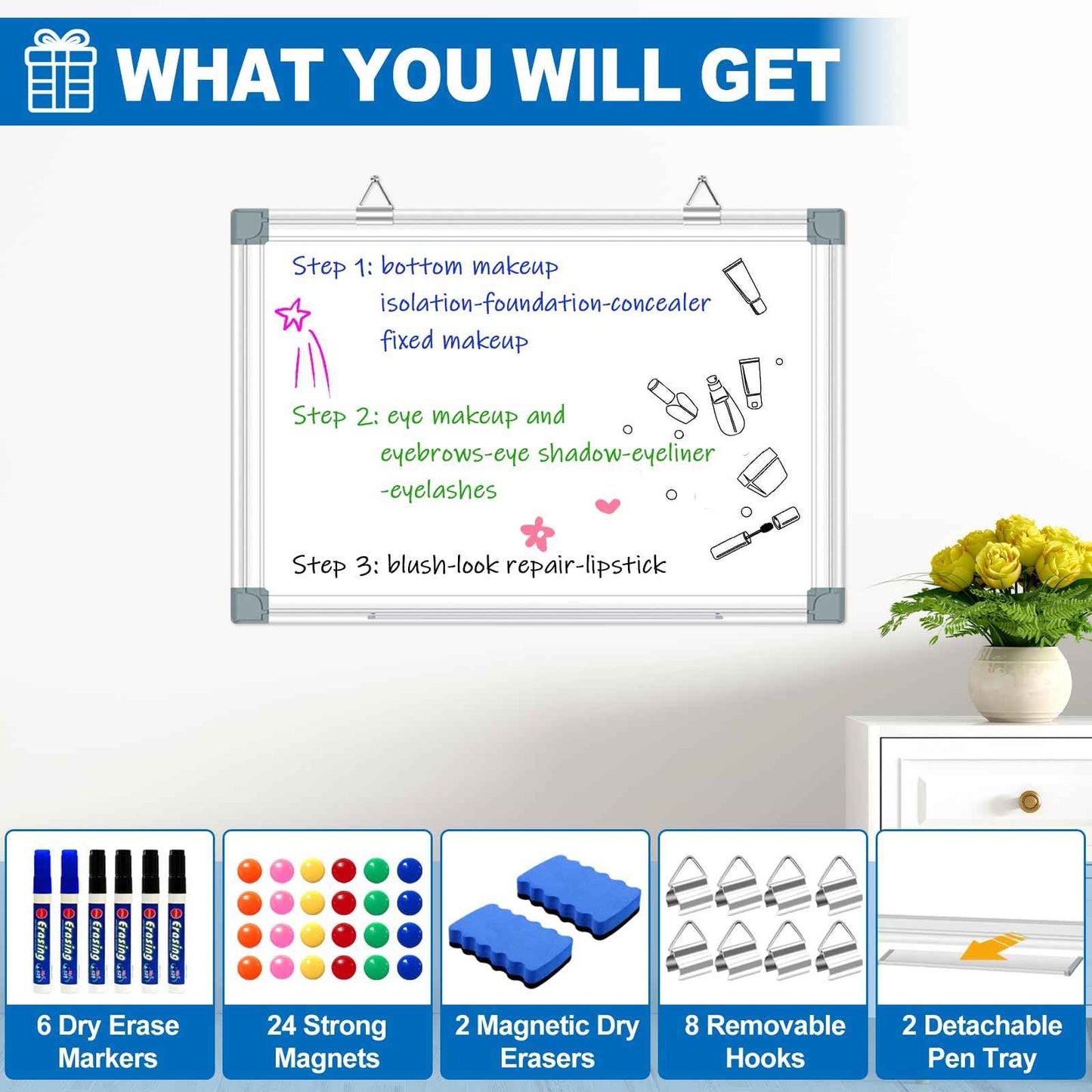 Magnetic White Board Dry Erase Board for Wall 24" x18 (2pcs) Aluminum Frame Magnet White Board for Home, School, Office, Kitchen