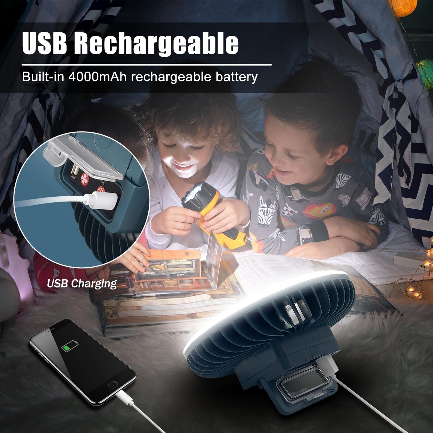 XTAUTO Portable Camping Fan - USB Rechargeable LED Lantern | Waterproof Tent Fan for Outdoor Use - 2-Pack
