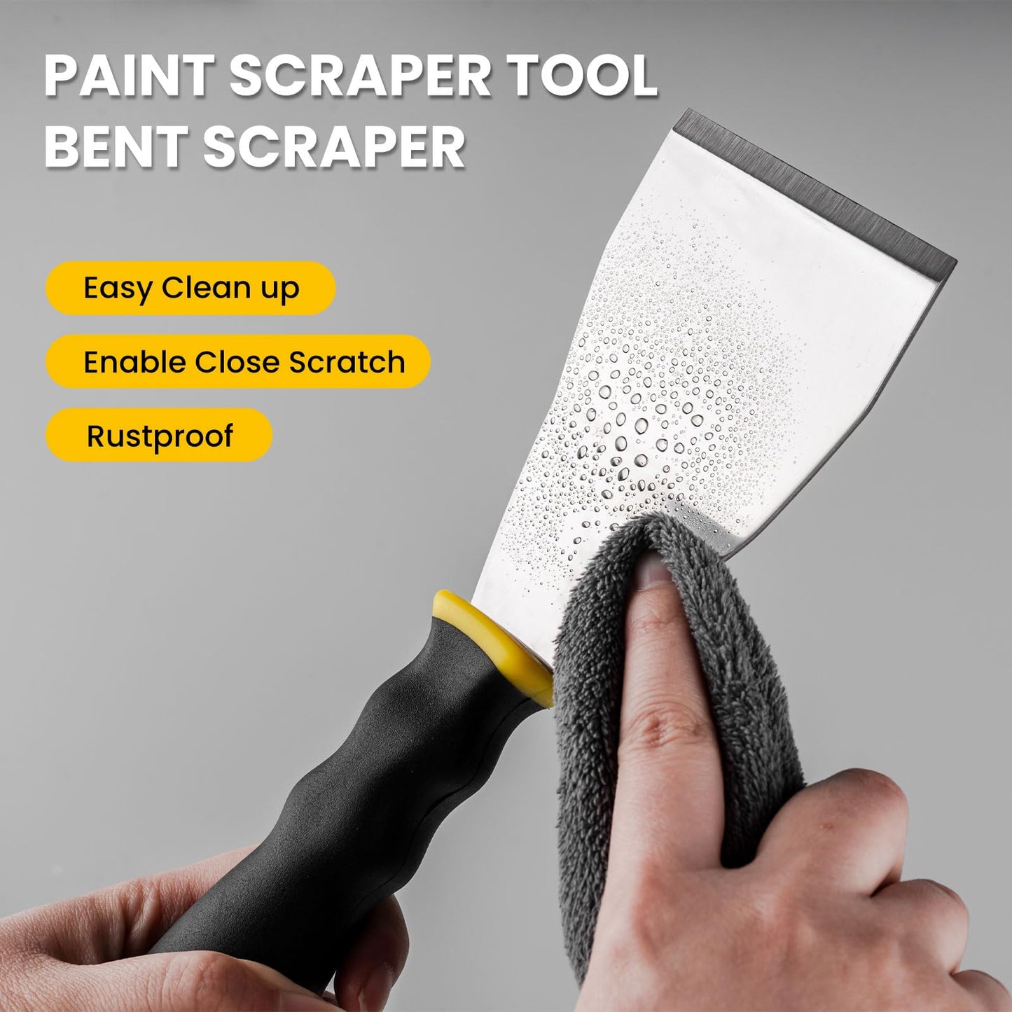 Mister Rui 3" Bent Scraper, Heavy Duty Paint Scraper Tool with Pole Socket Hammer End, Stainless Steel Bent Blade with Anti Slip Rubber Handle, Curved Floor Scraper for Cleaning, Removing, Repairing