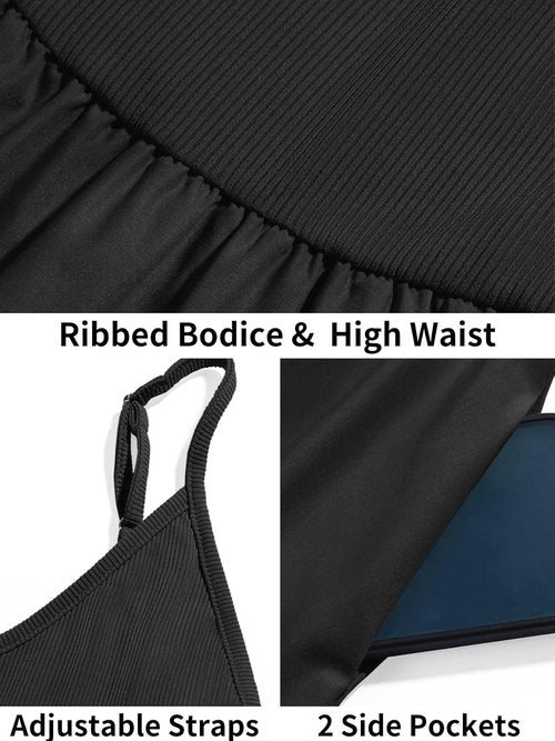 Fisoew Women's Spaghetti Strap A-Line Dress - V Neck Backless Summer Cami with Pocket
