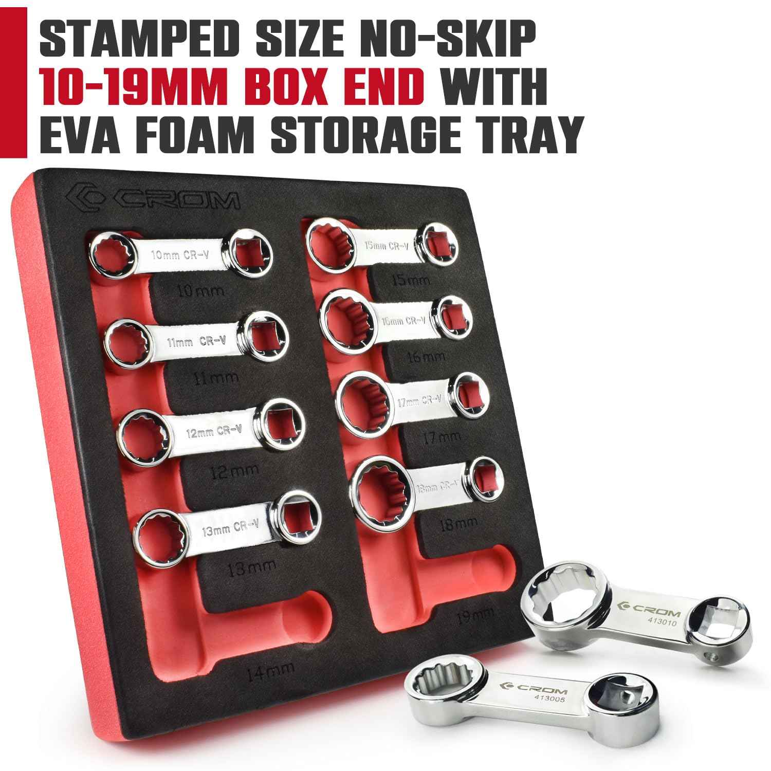 CROM Torque Adapter Extension Set - 12-Point Box End Torque Wrench Adapter with EVA Foam Tray, Made from Corrosion-Resistant CR-V Steel and Chrome Finish (Metric 10-Piece)